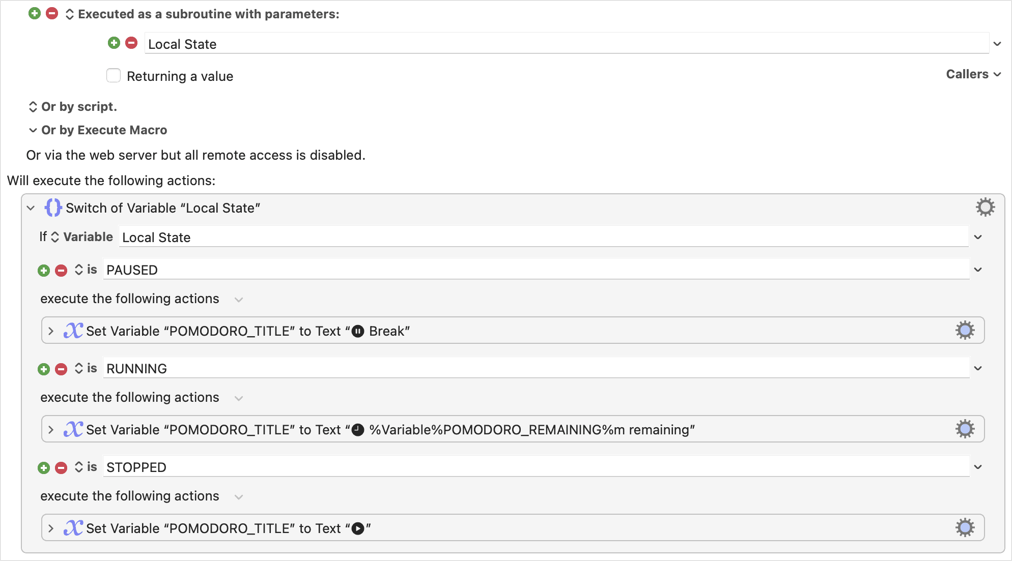Screenshot of "Keyboard Maestro → Pomodoro → Set Title"