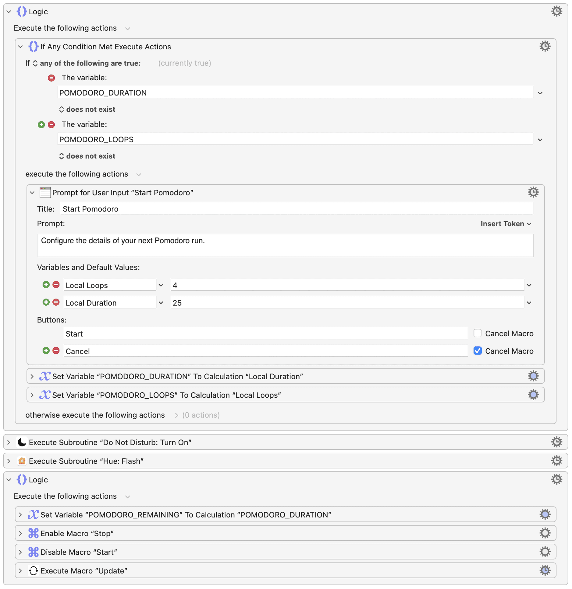 Screenshot of "Keyboard Maestro → Pomodoro → Start"