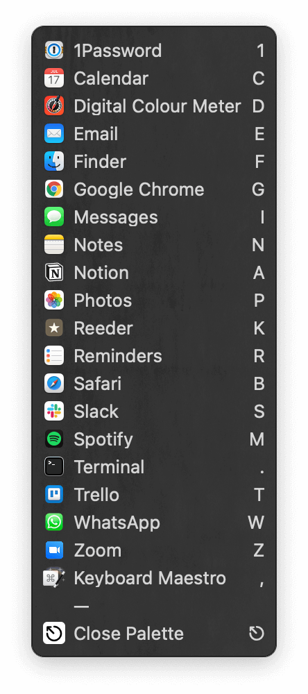 Screenshot of "Keyboard Maestro -> Palettes -> Launchpad"